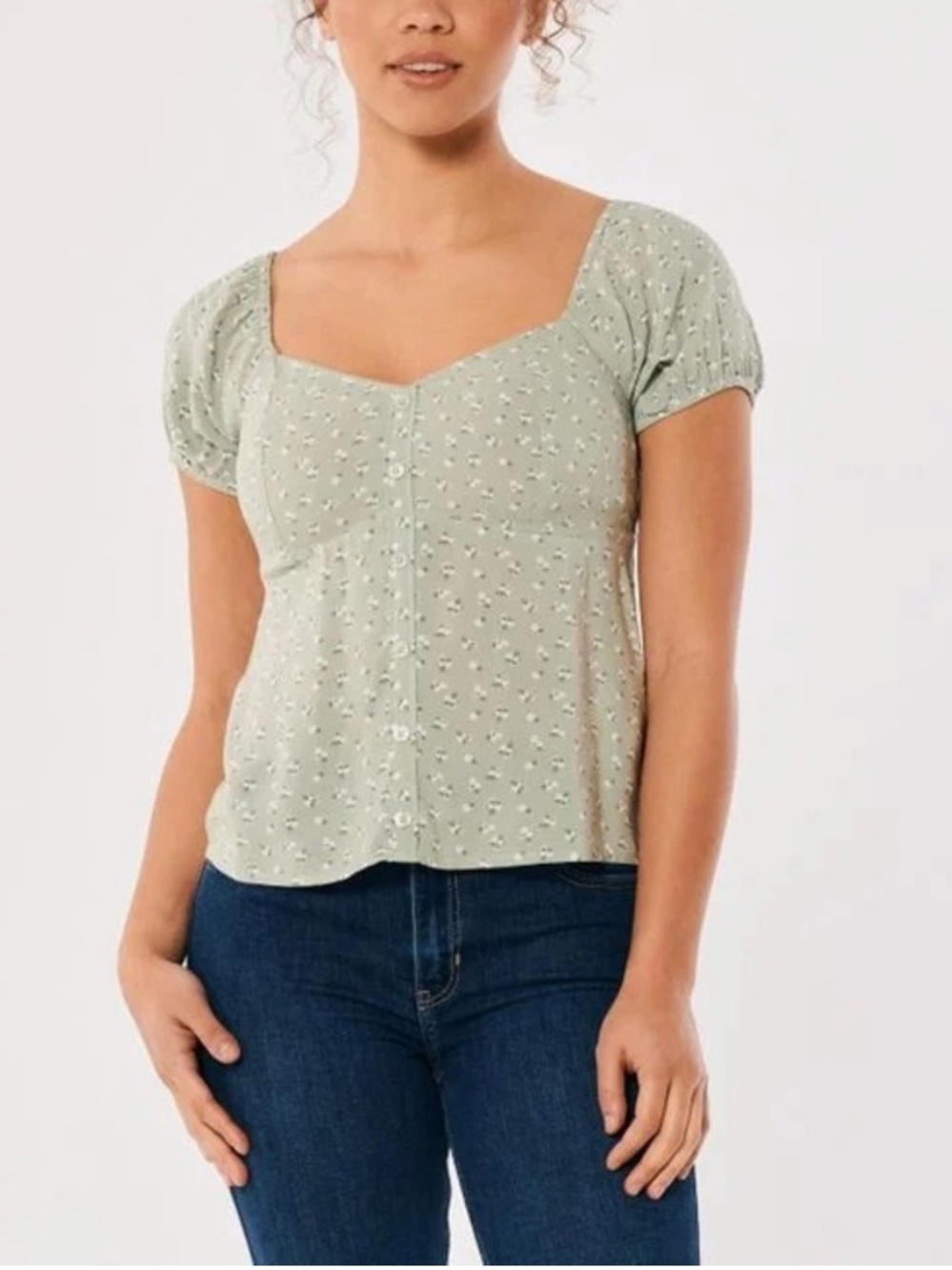 Hollister Sage Green Floral Puff Sleeve Blouse